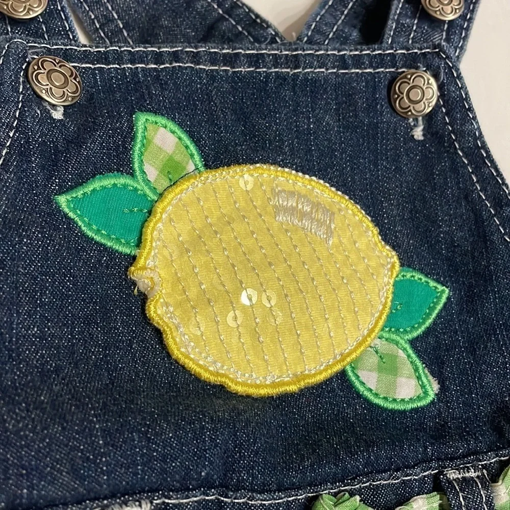 Baby girl 12 M shortalls sequins lemon appliqué / attached green check tie belt